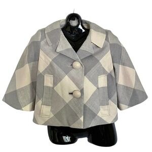 Smythe Light Gray Buffalo Check Cropped Bolero Swing Silk Linen Jacket
